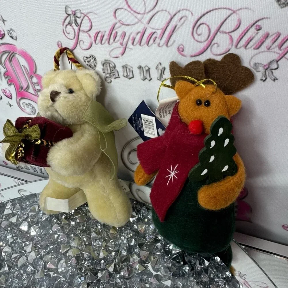 2 Christmas ornaments plush animal bears teddy cute winter outfits new with tags